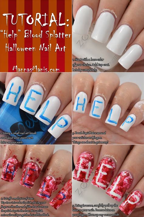 "Help" Blood Splatter Halloween Nail Art Tutorial - Manna's Manis