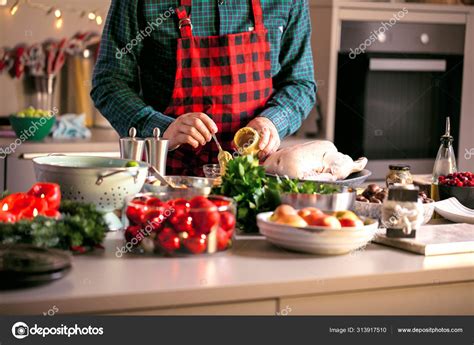 Man Cooking Delicious Healthy Meal Home Kitchen Christmas — Stock Photo ...