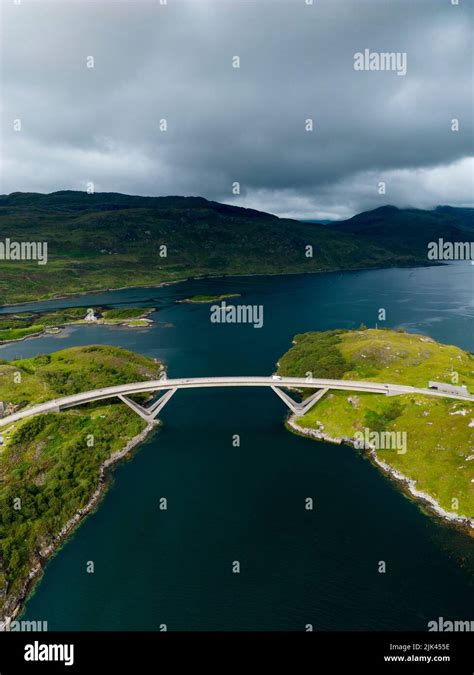 Aerial view of Kylesku Bridge crossing Loch a Chàirn Bhàin on North ...