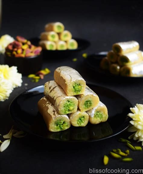 Kaju Pista Rolls - Recipe for Cashew Pistachio Rolls - Bliss of Cooking