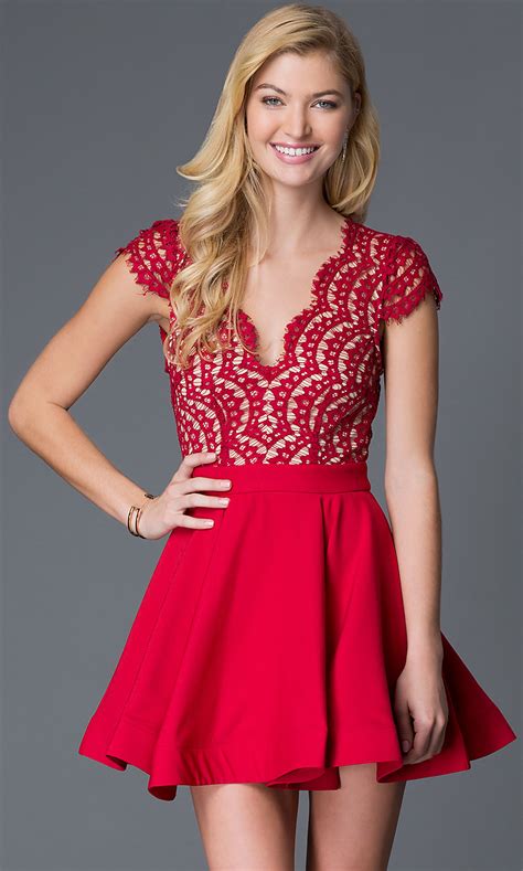 Red Open Back Lace Bodice Holiday Dress-PromGirl