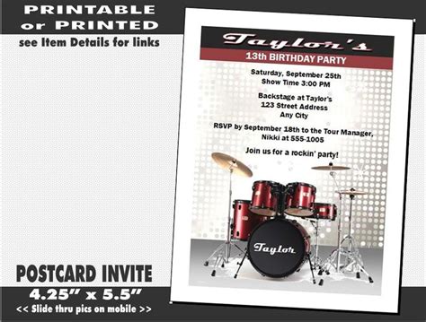 Drums Invitation, Printable With Printed Option, Birthday Party, Drums Invites, Music Theme ...