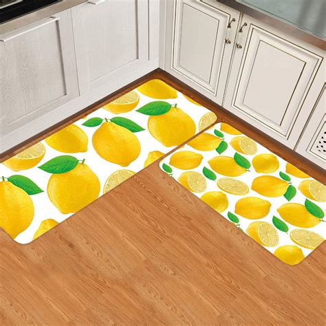 Olivefox Non-Slip Modern 2 Pieces Kitchen Mats for Laundry Decoration Summer Yellow Lemon Soft ...