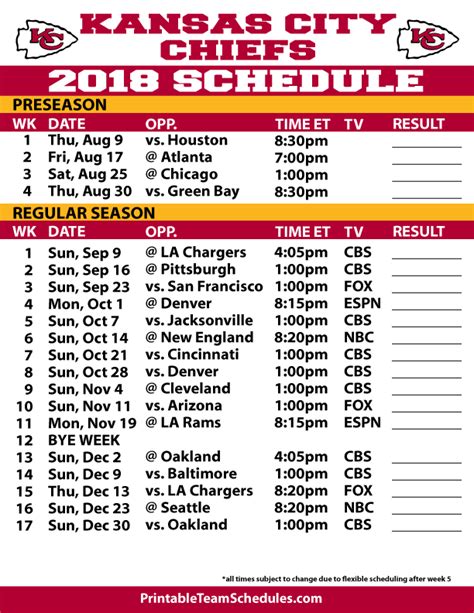 2018-19 Kansas City Chiefs Printable Schedule | Chiefs schedule, Kansas ...