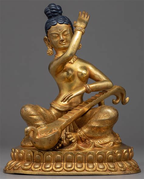 Goddess Saraswati Statue | Hand Carved Gold Gilded Statue