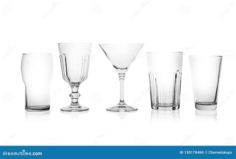 Set of Empty Glasses for Different Drinks on White Stock Photo - Image of crystal, dishware ...