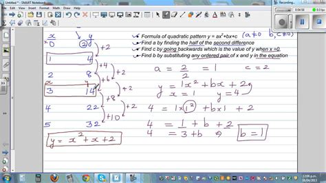 Writing equation of a quadratic number pattern by finding a b and c of ...