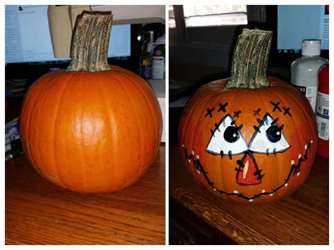 Painted a scarecrow face on a pumpkin for my grandson. Cute and not scary for the little ones ...