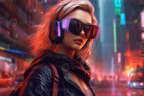 A woman wearing a vr headset in front of a cityscape, 25287967 Stock ...