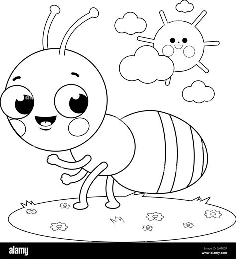 Cute ant cartoon in the grass. Vector black and white coloring page ...