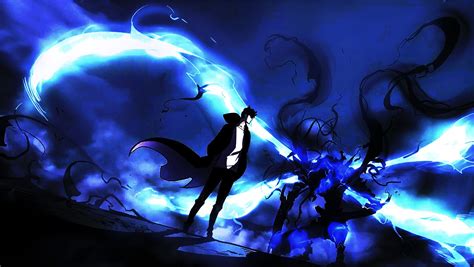 two anime characters standing in front of blue flames