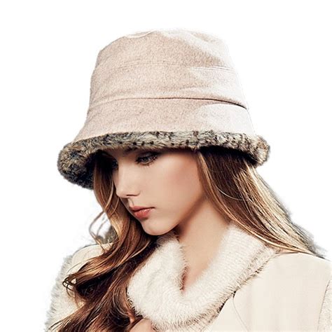 Winter Women Warm Wool Bucket Hat Billycock Dicer Faux Fur Cap (Pale ...