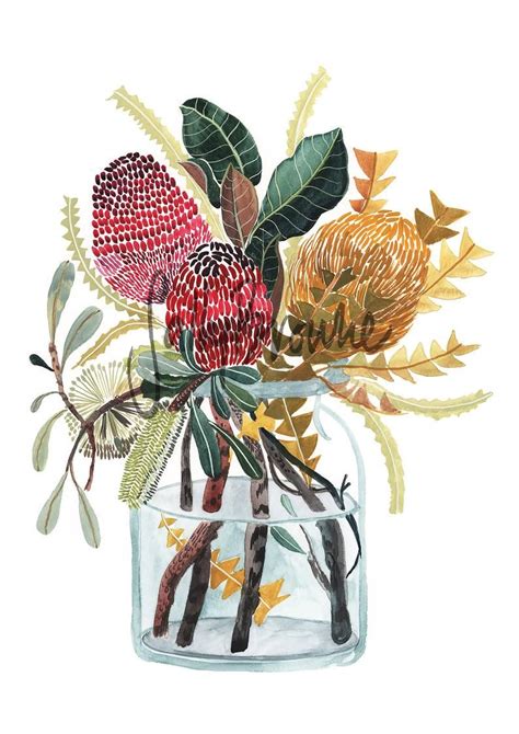 Banksia and Magnolia Grandiflora Leaves Print by Australian Artist Sally Browne. Signed and ...