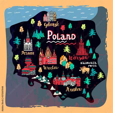 Vecteur Stock Illustrated map of Poland. Set of national symbols and ...