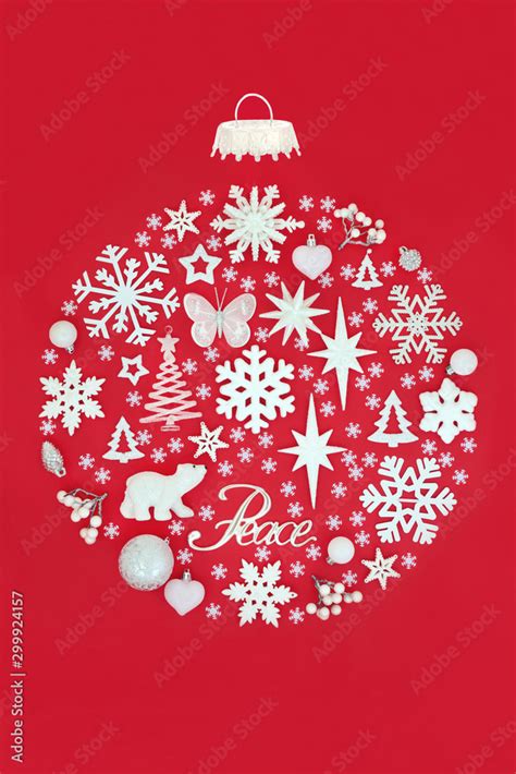 Christmas peace sign with tree decorations and symbols forming an abstract round bauble on red ...