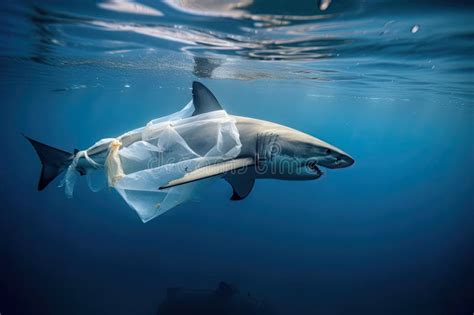 Plastic Pollution in Ocean Environmental Problem. Sharks Can Eat Plastic Bags or Get Trapped in ...