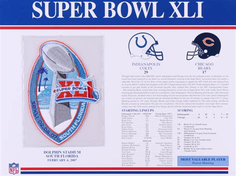 Commemorative Super Bowl XLI Score Card With Patch: Colts vs. Bears ...