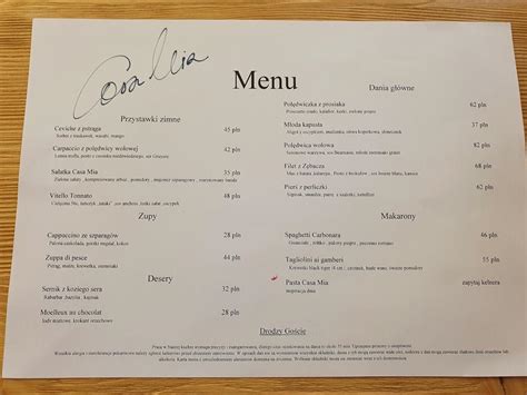 Menu at Casa Mia restaurant, Zakopane