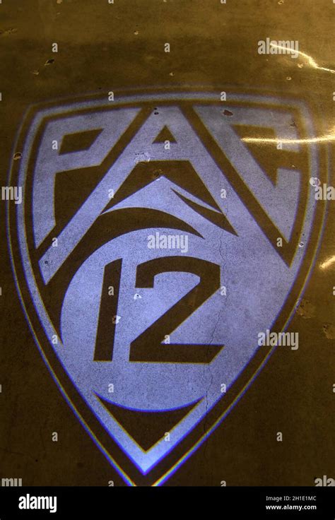 Logo of the Pac-12 displayed during Pac-12 women's basketball media day ...