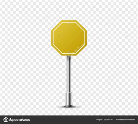 Realistic octagon traffic sign on metal steel pole isolated. Yellow ...