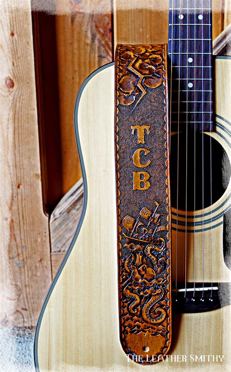 Leather Guitar Strap with Custom Hand Tooled Design – For Acoustic or Electric Guitars