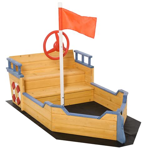 Buy Outsunny Kids Wooden Sandpit Children Sandbox Pirate Ship Sandboat Outdoor Backyard Playset ...