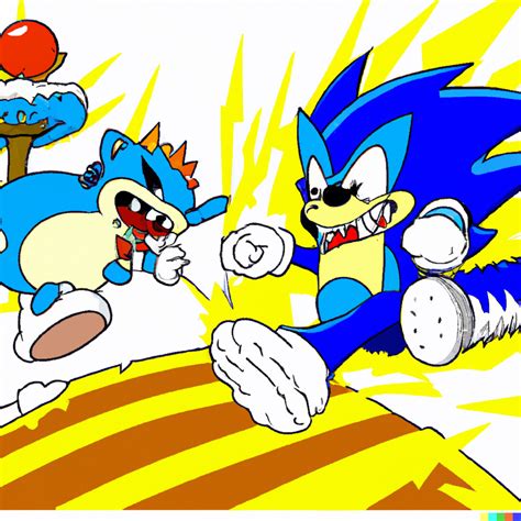 Super Mario fighting Sonic the Hedgehog, epic battle, in the style of ...