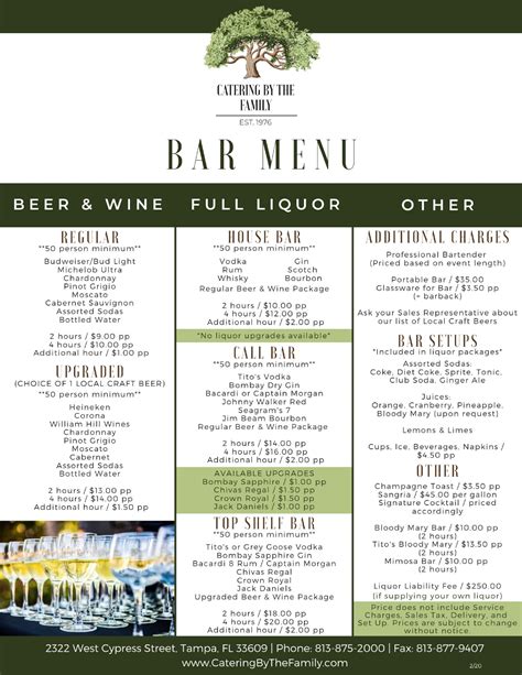 Bar Menu - Catering by the Family