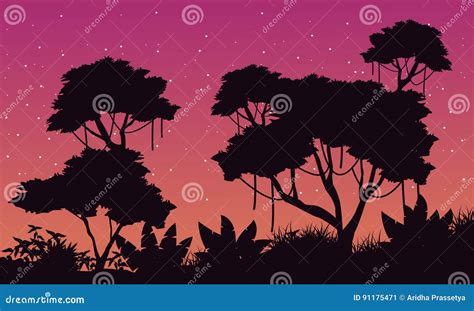 Landscape of Jungle with Big Tree Silhouette Stock Vector ...