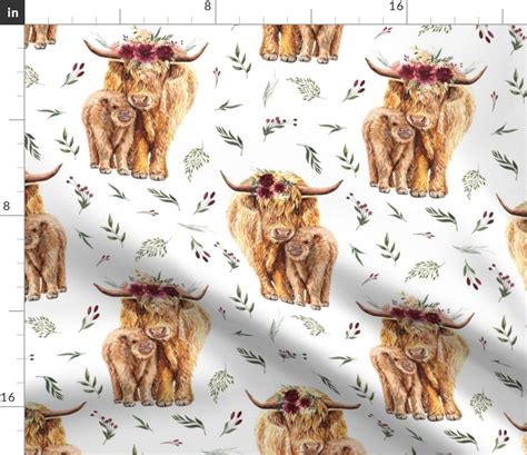 Highland Cow Brown Floral Fabric Highland Cows With Leaves - Etsy