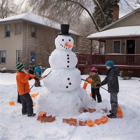 Premium AI Image | There are three children building a snowman in the snow generative ai