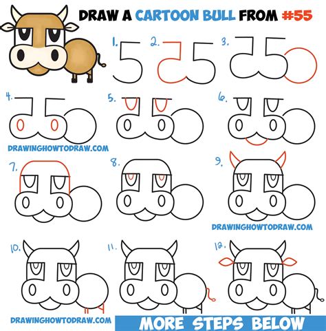 How to Draw a Cartoon Bull / Cow from Numbers & Letters Easy Step by ...