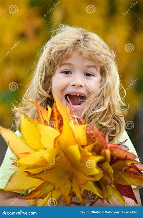 Happy Fall, Funny Autumn. Happiness and Joyful Child in Autumn Park. Stock Photo - Image of ...