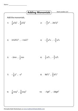 Adding Monomials Worksheets