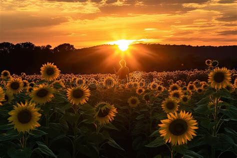 Sunflower Field with Silhouette of Person for Warm and Inviting Photo Stock Illustration ...