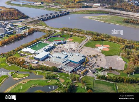 Aerial photo of MacDonald Island Park and Miskanaw golf course on MacDonald Island in Fort ...