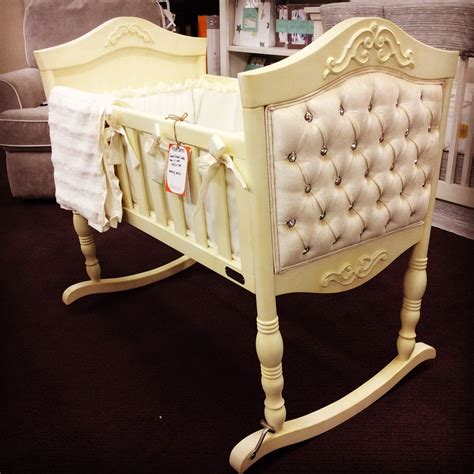 Beautiful custom tufted cradle with crystals in antique white made using solid wood construction ...