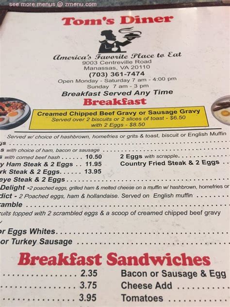 Menu at Tom's Diner restaurant, Manassas