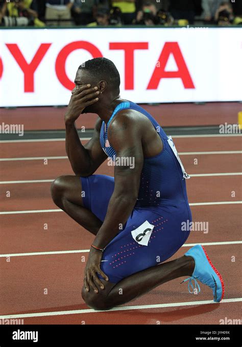 Justin Gatlin (USA) celebrates after winning the 100m in 9.92 during ...