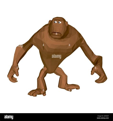 Polygonal brown monkey stands on its paws. Cartoon monkey with big paws. 3D. Vector illustration ...