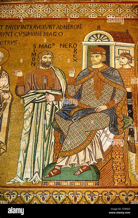 Medieval Byzantine style mosaics of Simon Magnus & Emperor Nero, Palatine Chapel, Cappella ...