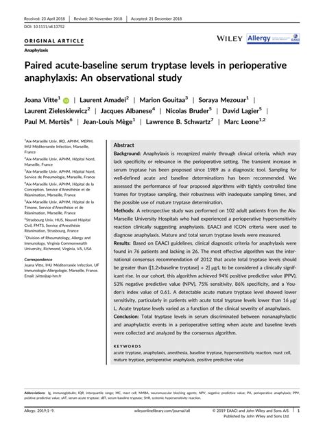 (PDF) Paired acute‐baseline serum tryptase levels in perioperative ...