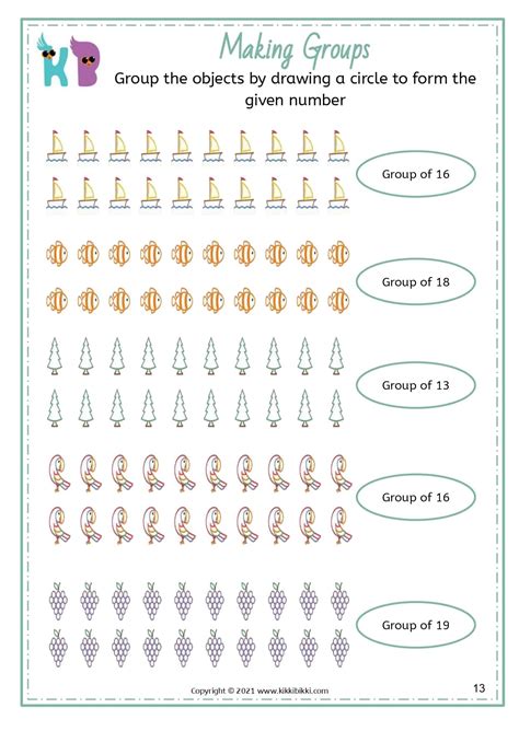 Math Printable Worksheets on GROUPING NUMBERS Upto 20