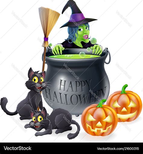 Happy halloween witch and cauldron Royalty Free Vector Image