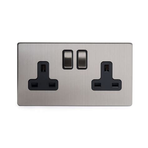 The Lombard Collection Satin Steel Luxury 2 Gang Double Pole Socket Black Insert 13A - Satin ...