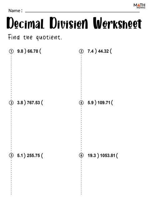 Dividing Decimals Worksheet