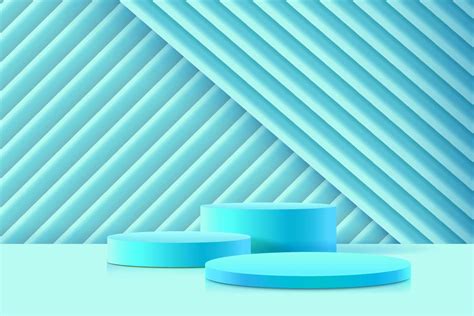 Abstract 3D cylinder pedestal podium with blue geometric cube platform. Light minimal wall scene ...