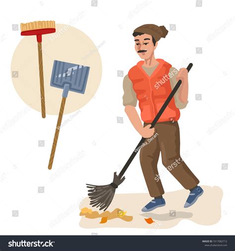 Janitor Sweeping Broom Professions Character Items Stock Vector ...