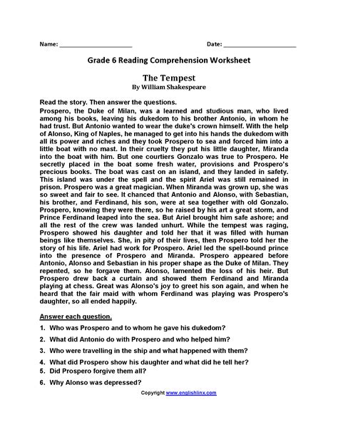 Reading Worksheets | Sixth Grade Reading Worksheets