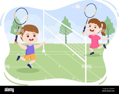 Badminton Player with Shuttle on Court in Flat Style Cartoon Illustration. Happy Playing Sport ...